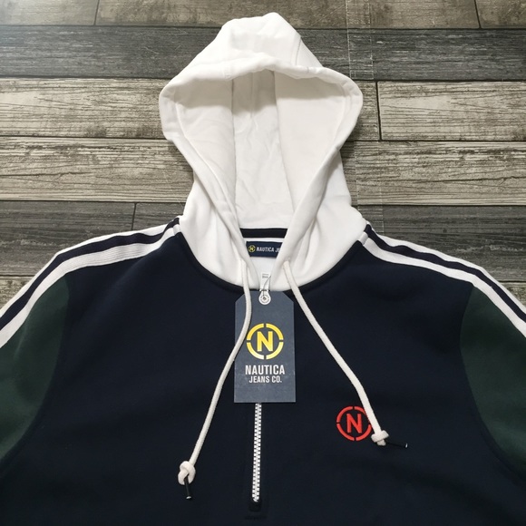 Nautica Color Block Hoodie Sweatshirt Men’s S Blue Green 1/2 Zip Fleece Pullover - Picture 9 of 11